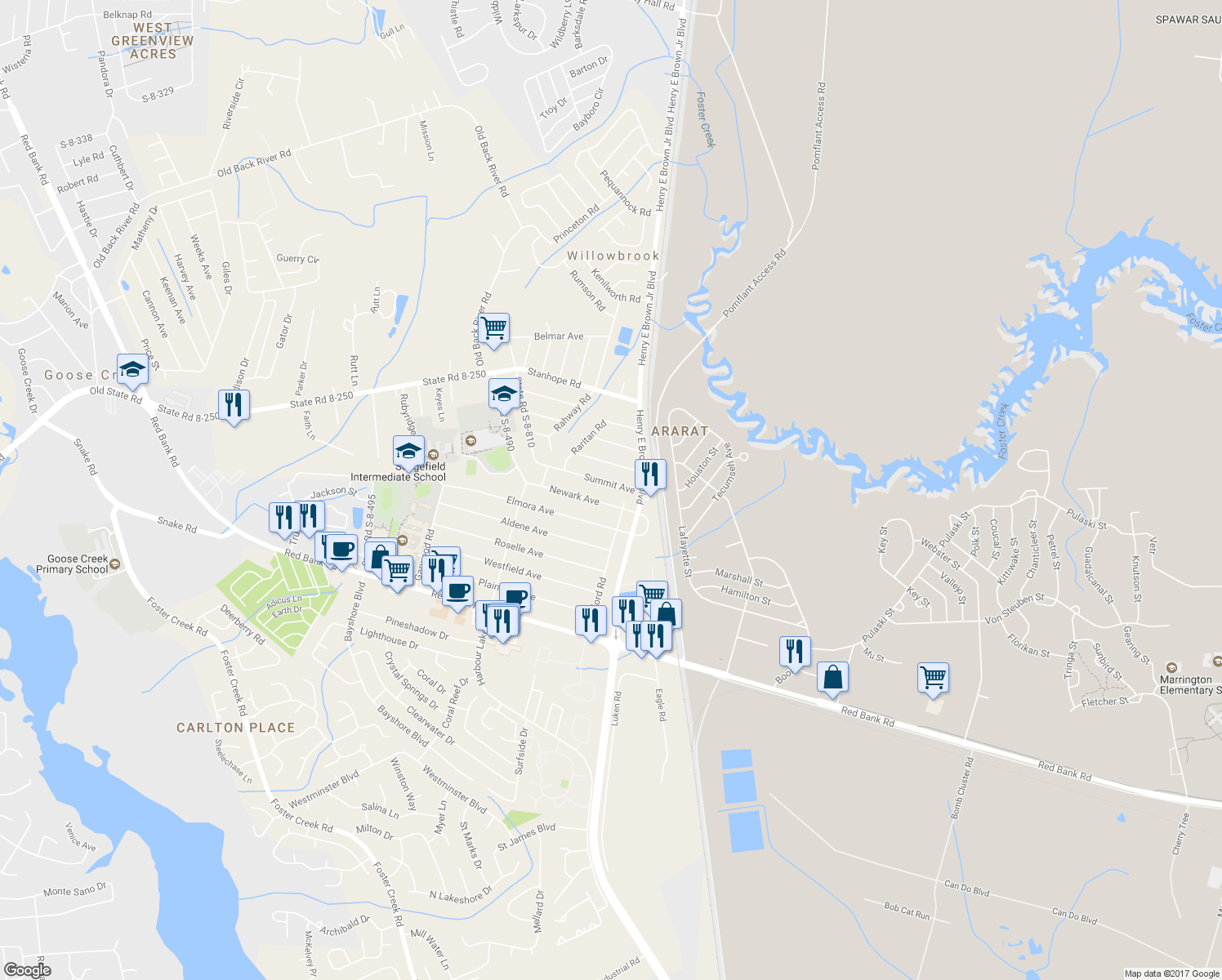 map of restaurants, bars, coffee shops, grocery stores, and more near 11 Summit Avenue in Goose Creek