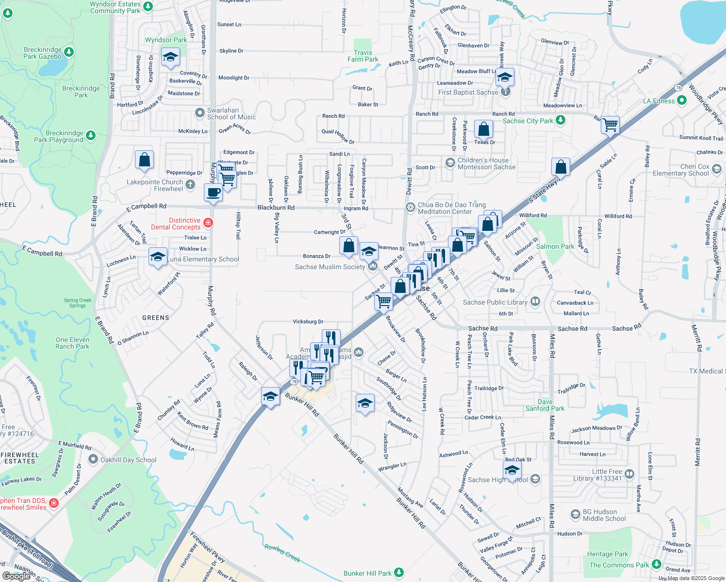 map of restaurants, bars, coffee shops, grocery stores, and more near 5916 Dewitt Street in Sachse