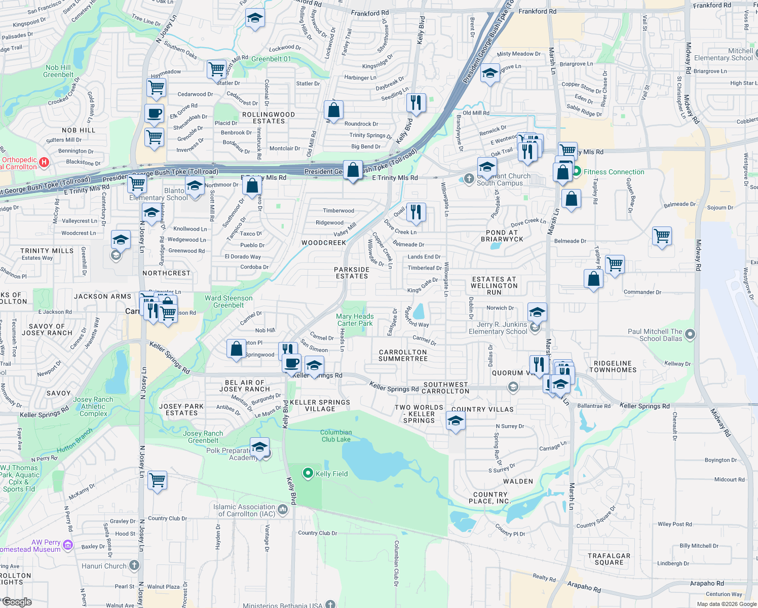map of restaurants, bars, coffee shops, grocery stores, and more near 2509 Lawnview Dr in Carrollton