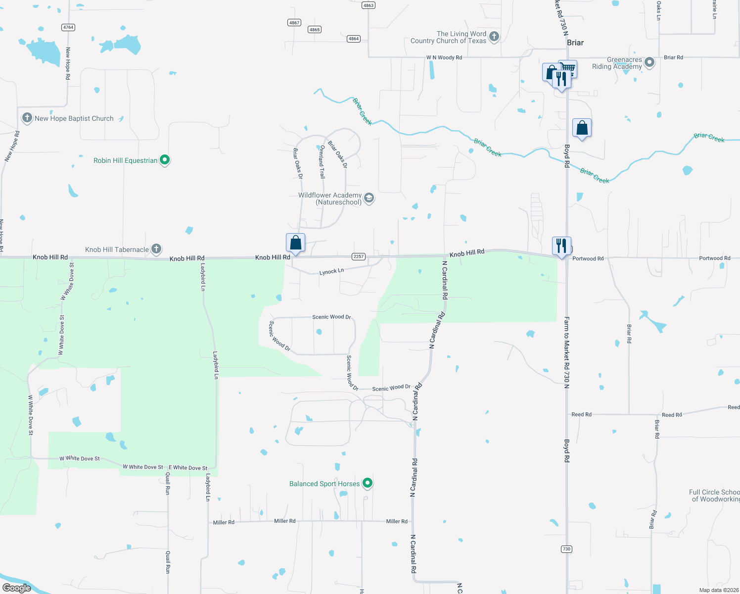 map of restaurants, bars, coffee shops, grocery stores, and more near 1421 Oaknoll Court in Azle