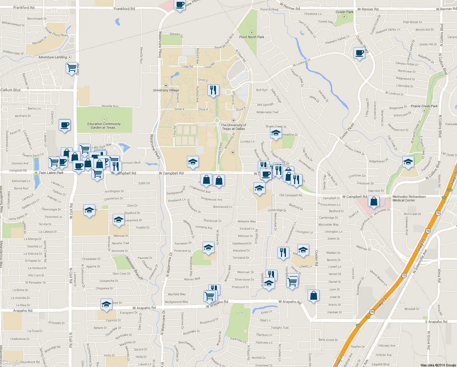 map of restaurants, bars, coffee shops, grocery stores, and more near in Richardson