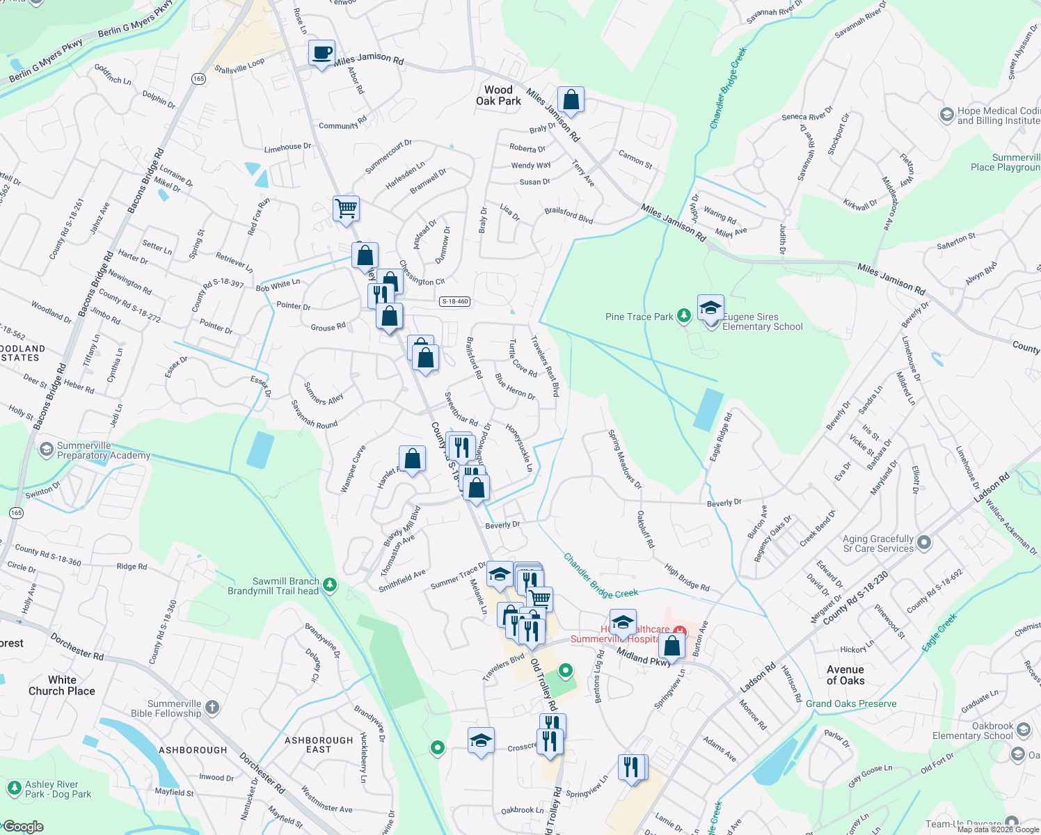map of restaurants, bars, coffee shops, grocery stores, and more near 106 Pelican Ct in Summerville