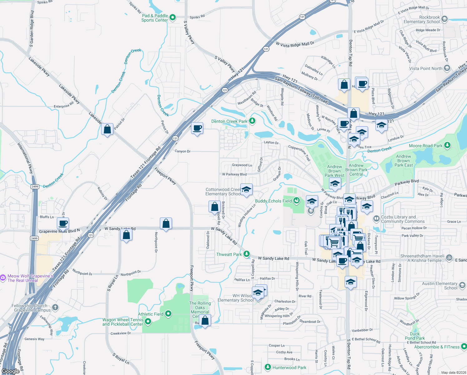 map of restaurants, bars, coffee shops, grocery stores, and more near 306 Buttonwood Court in Coppell