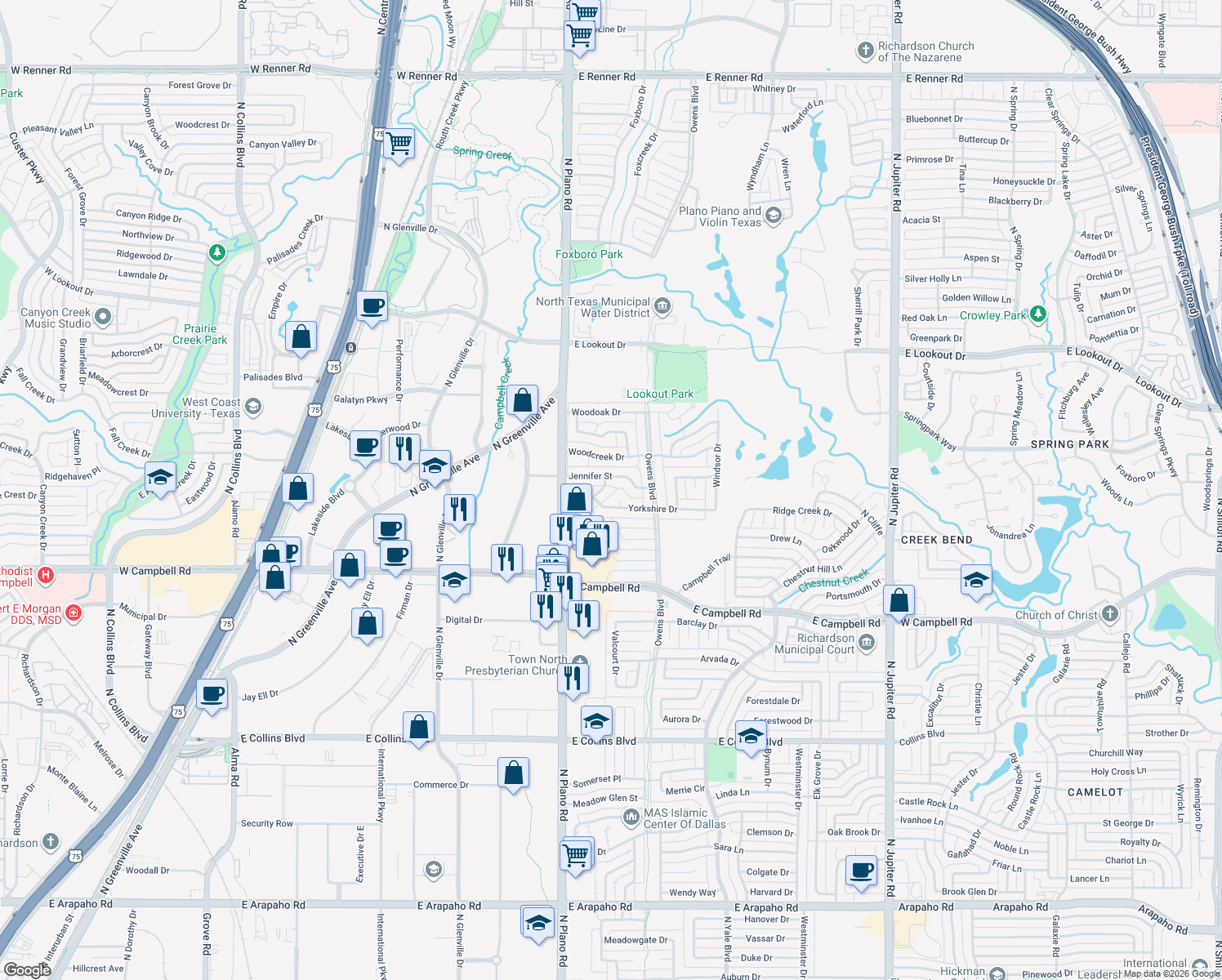 map of restaurants, bars, coffee shops, grocery stores, and more near 2220 Shannon Ln in Richardson