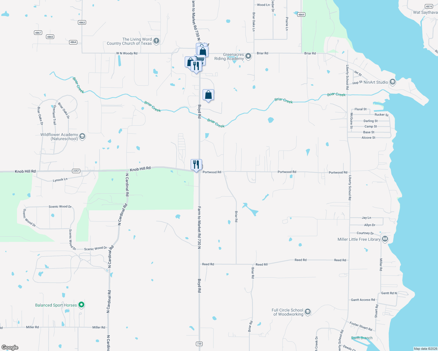 map of restaurants, bars, coffee shops, grocery stores, and more near 8075 Portwood Road in Azle