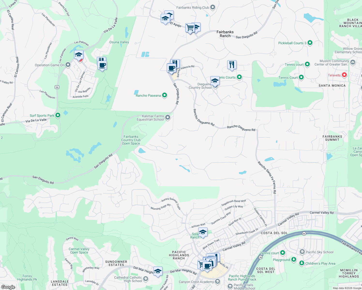 map of restaurants, bars, coffee shops, grocery stores, and more near 5936 Fairway Place in Del Mar