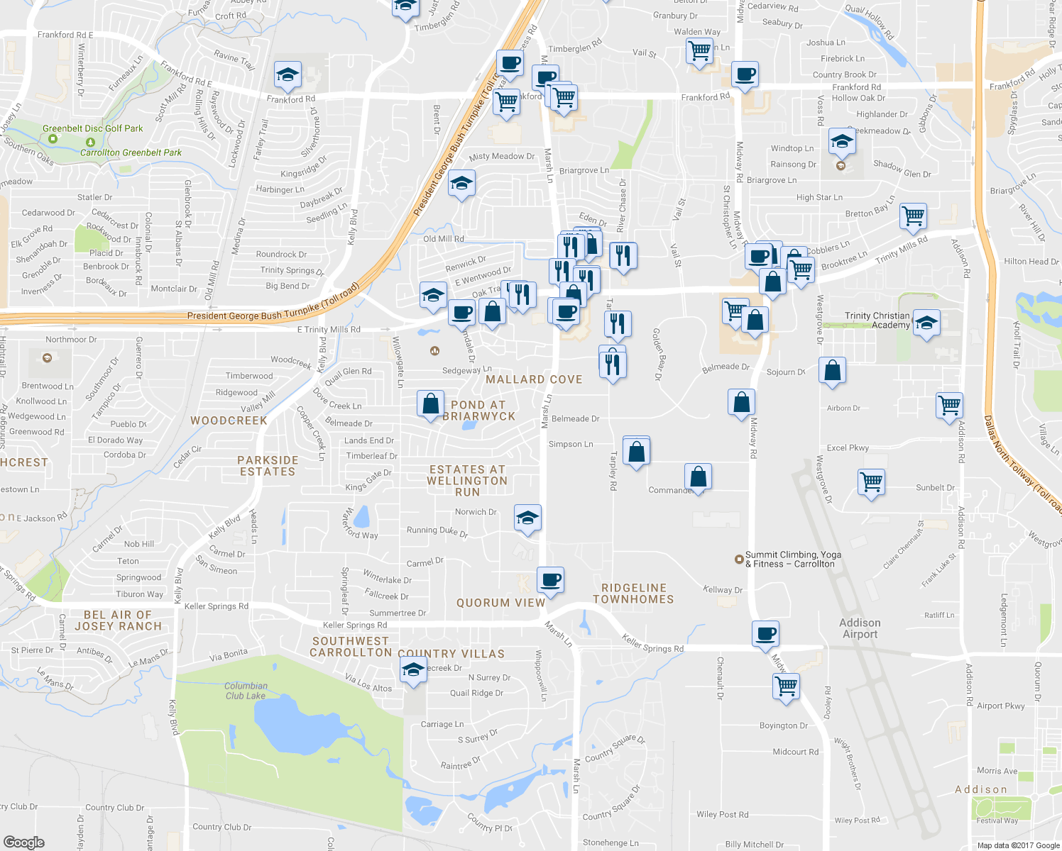 map of restaurants, bars, coffee shops, grocery stores, and more near 2740 Belmeade Drive in Carrollton
