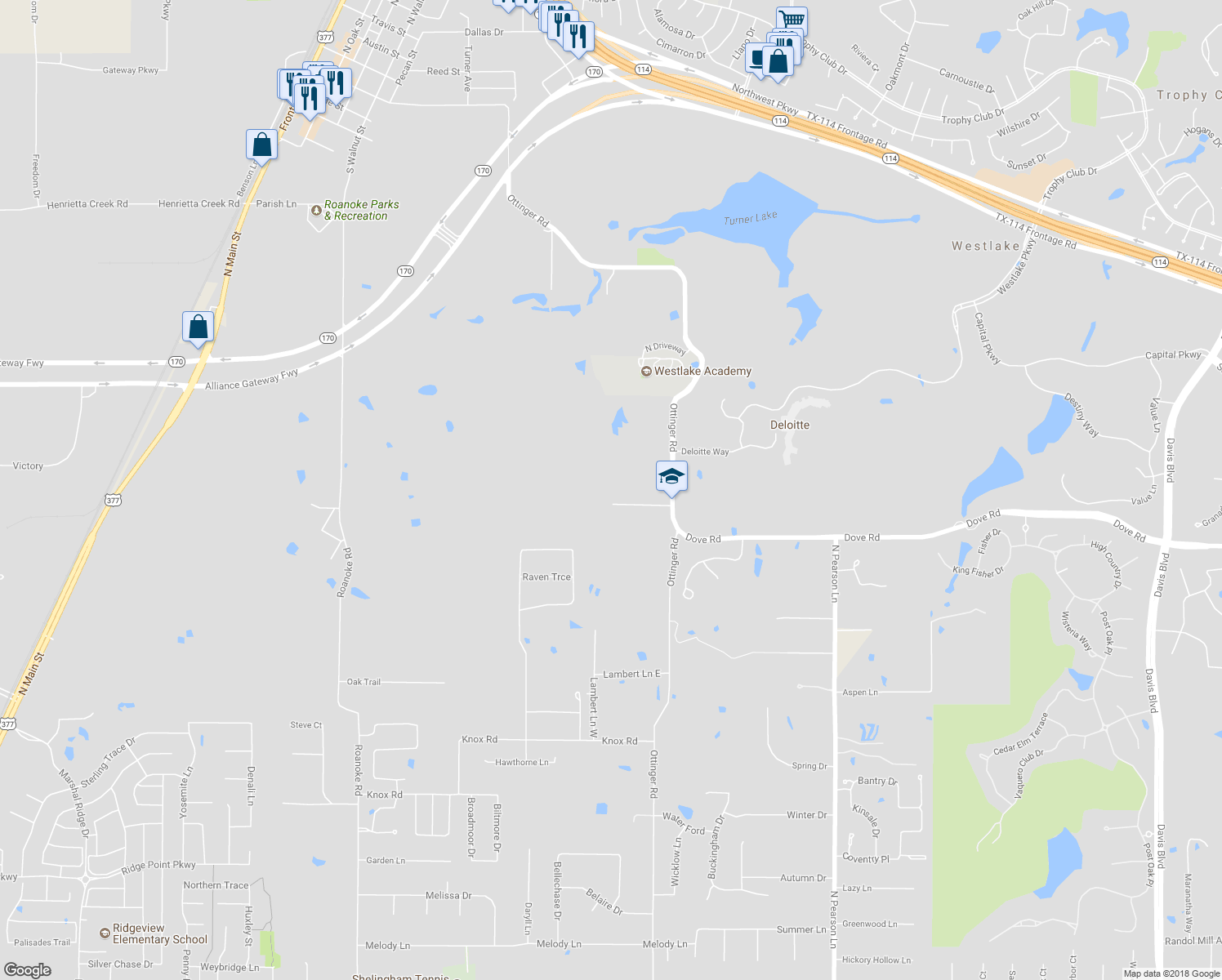 map of restaurants, bars, coffee shops, grocery stores, and more near 5925 Mahotea Boone Trail in Westlake