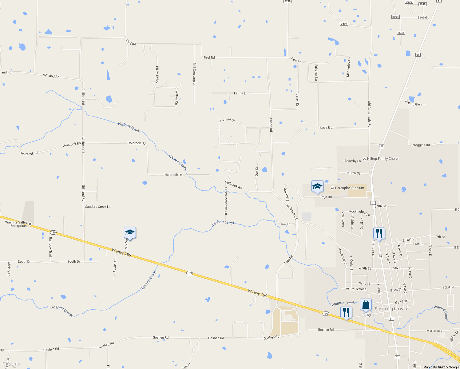 map of restaurants, bars, coffee shops, grocery stores, and more near 1889 Holbrook Road in Springtown