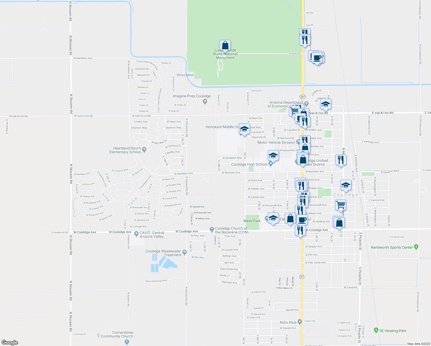 map of restaurants, bars, coffee shops, grocery stores, and more near West Northern Avenue in Coolidge