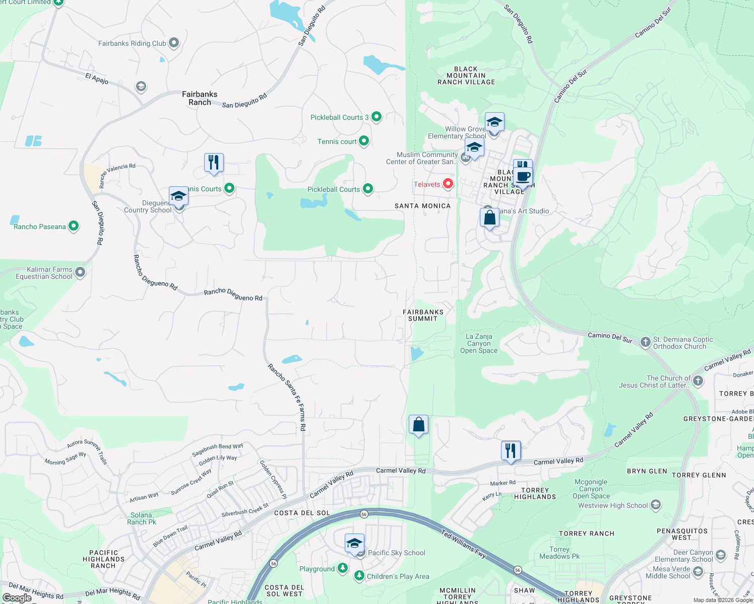 map of restaurants, bars, coffee shops, grocery stores, and more near 14808 Las Mananas in Rancho Santa Fe