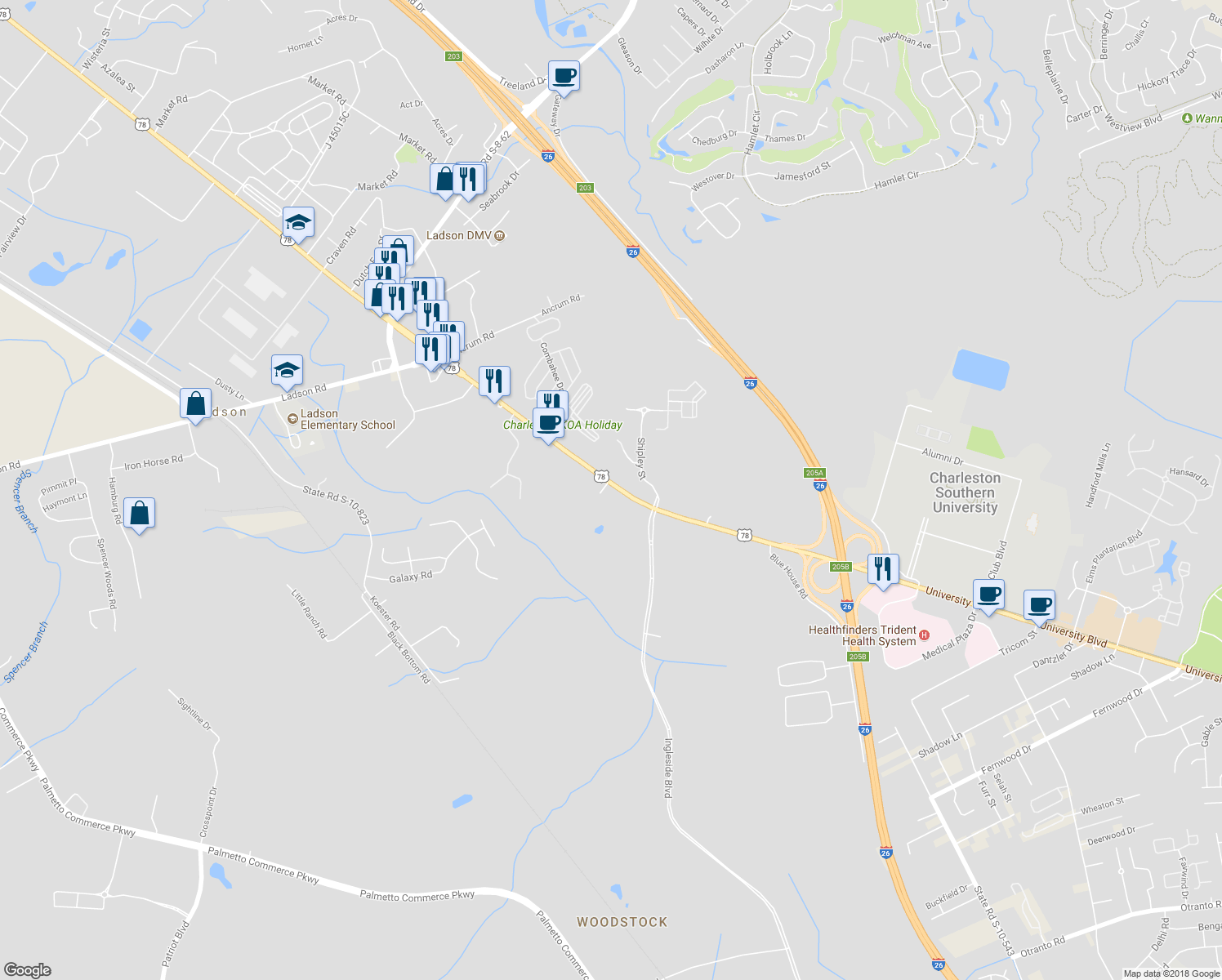 map of restaurants, bars, coffee shops, grocery stores, and more near 9421 U.S. 78 in Ladson