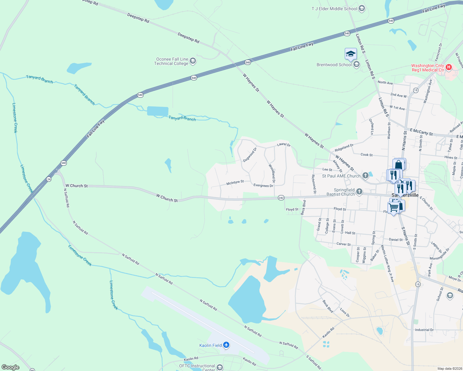 map of restaurants, bars, coffee shops, grocery stores, and more near 757 Robin Rd in Sandersville