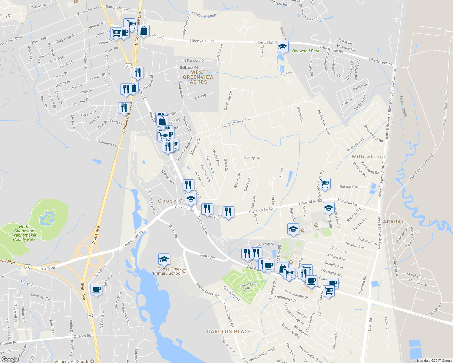 map of restaurants, bars, coffee shops, grocery stores, and more near 177 Giles Drive in Goose Creek