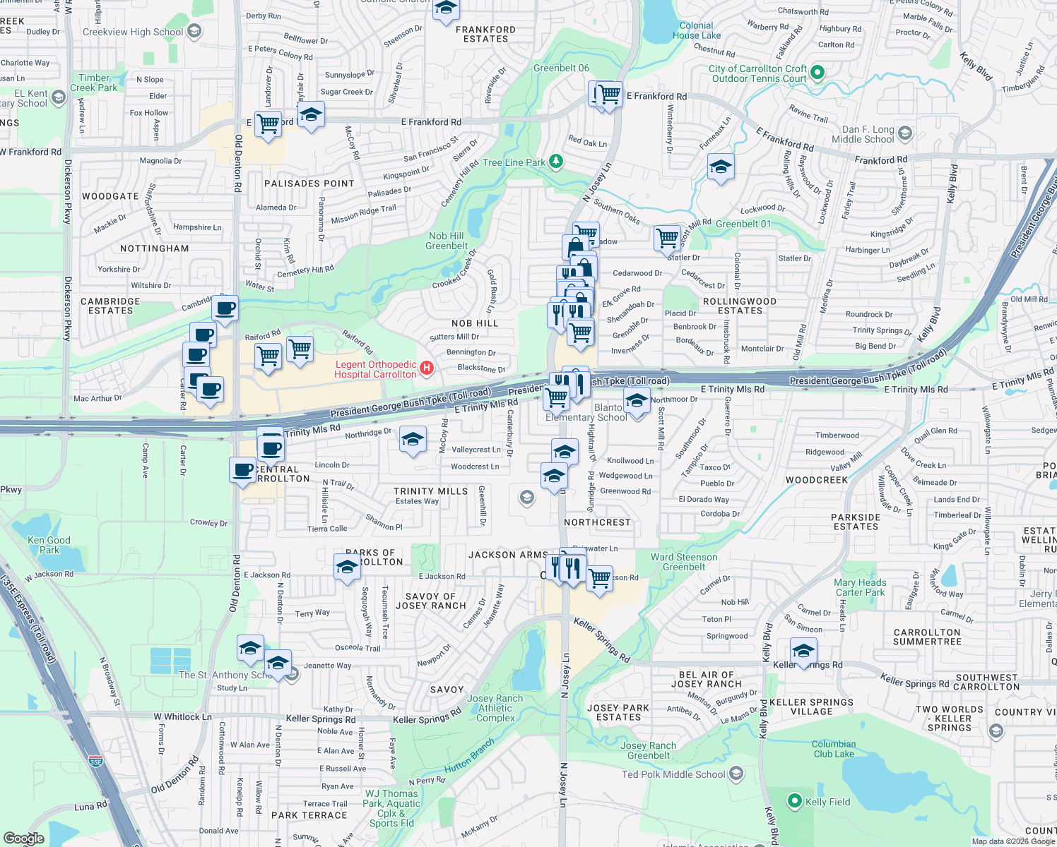 map of restaurants, bars, coffee shops, grocery stores, and more near Hawthorne Drive in Carrollton