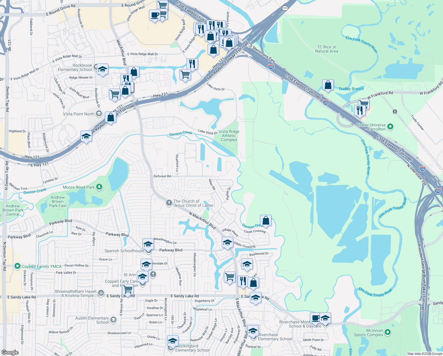 map of restaurants, bars, coffee shops, grocery stores, and more near 929 Brentwood Drive in Coppell