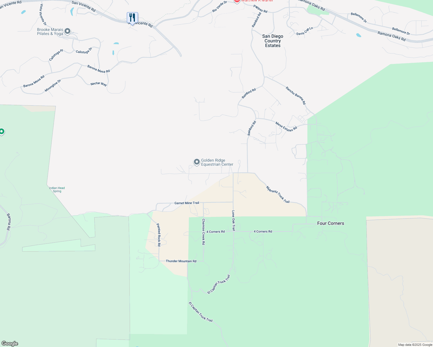map of restaurants, bars, coffee shops, grocery stores, and more near Bareta Star Ranch Road in Ramona