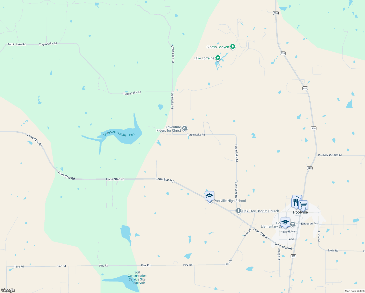 map of restaurants, bars, coffee shops, grocery stores, and more near 1401 Turpin Lake Road in Poolville