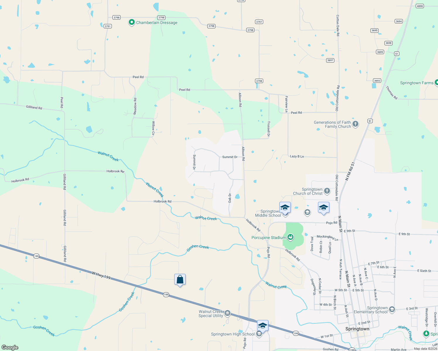 map of restaurants, bars, coffee shops, grocery stores, and more near 401 Summit Drive in Springtown