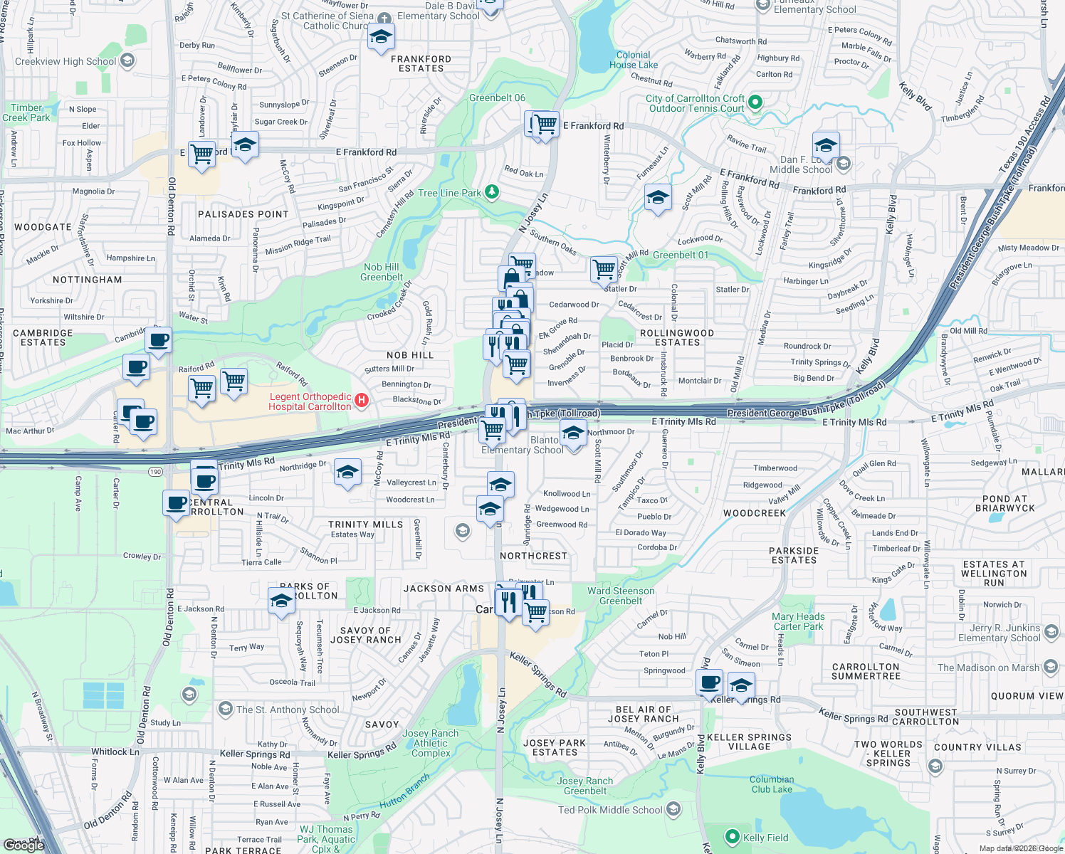 map of restaurants, bars, coffee shops, grocery stores, and more near 2001 Northmoor Drive in Carrollton