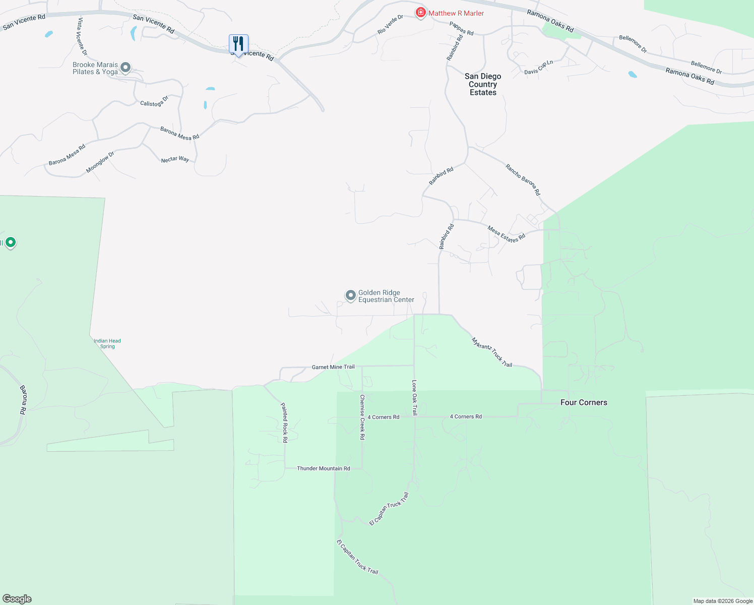 map of restaurants, bars, coffee shops, grocery stores, and more near 24916 Bareta Star Ranch Road in Ramona