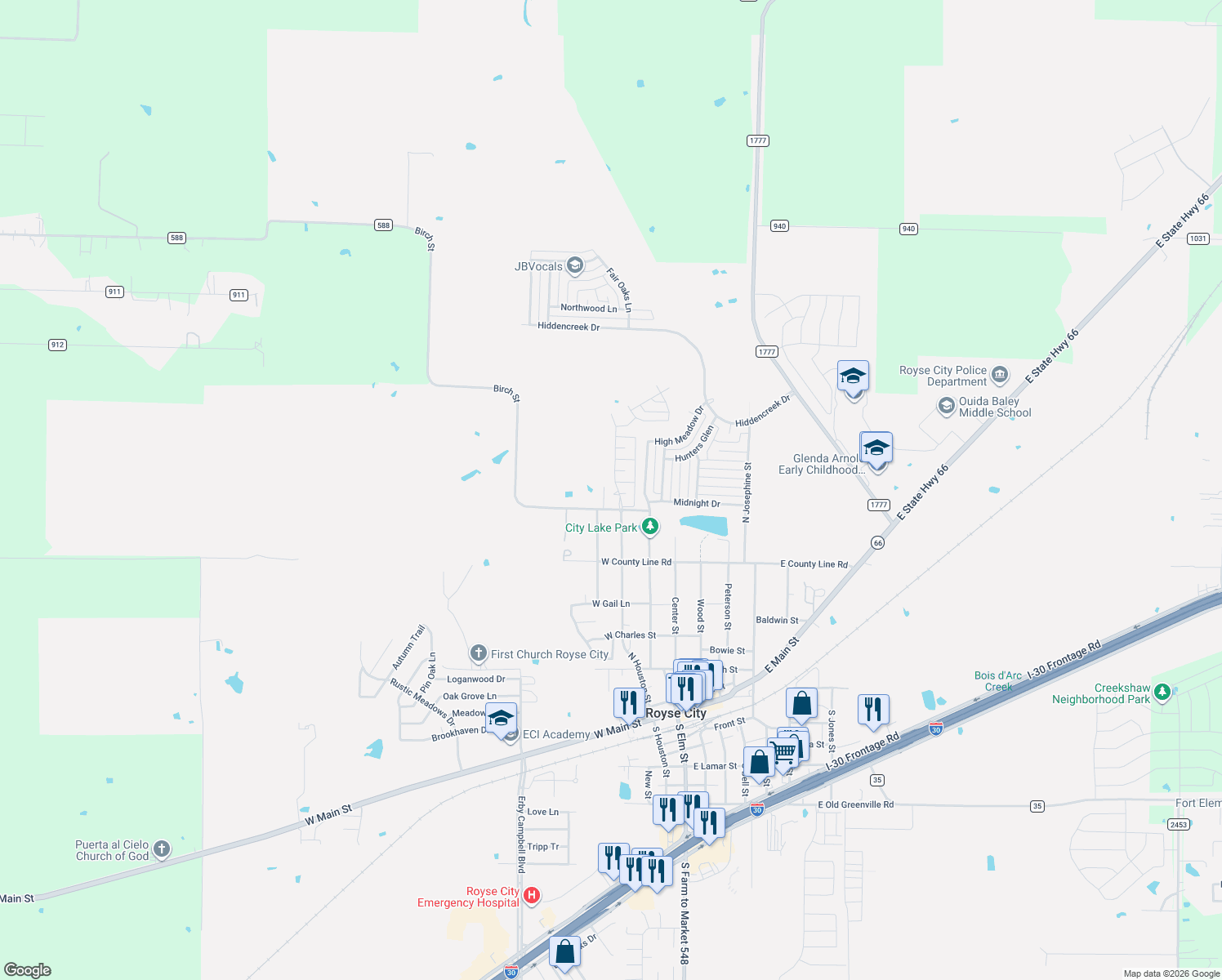 map of restaurants, bars, coffee shops, grocery stores, and more near 1213 Houston Place in Royse City