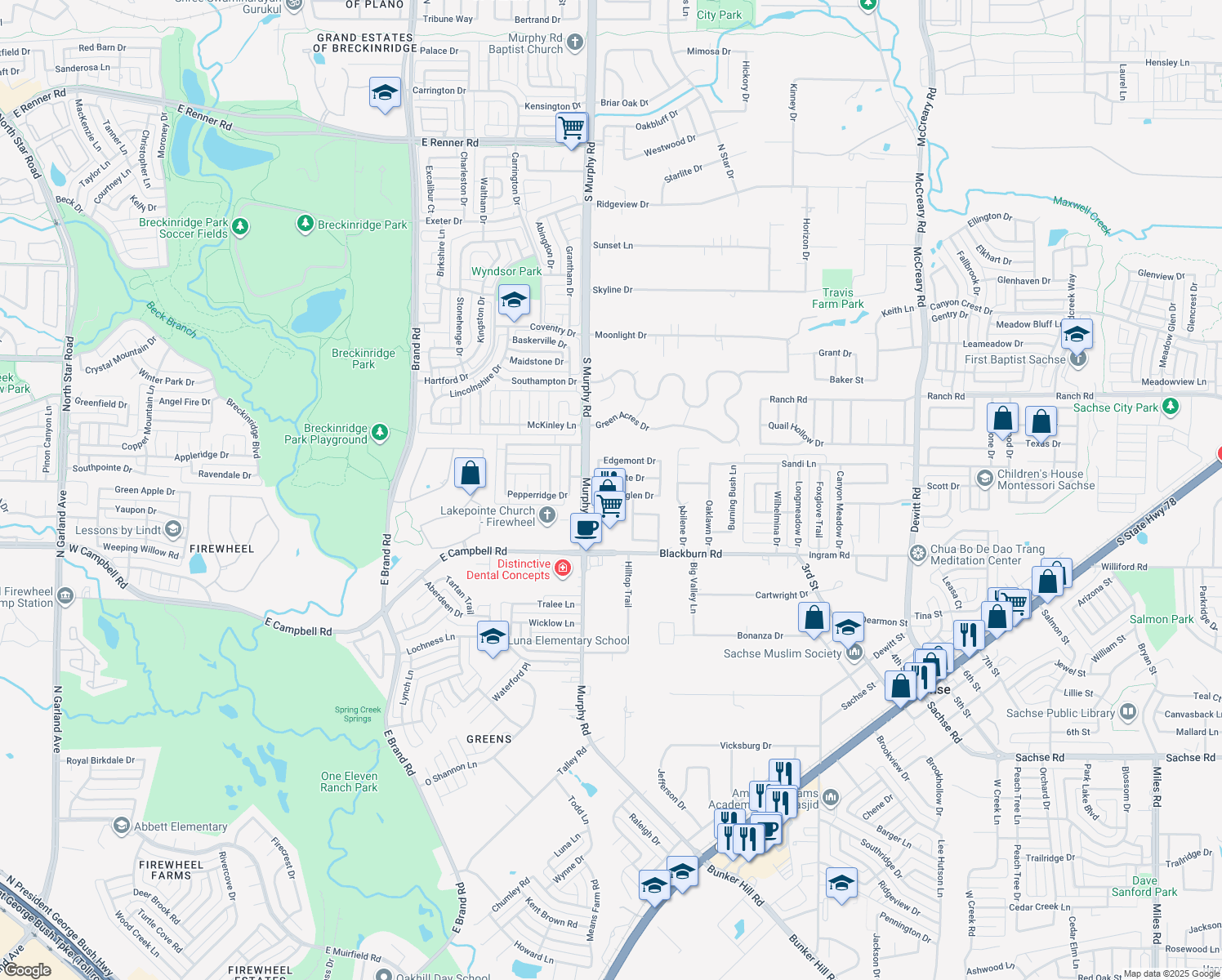map of restaurants, bars, coffee shops, grocery stores, and more near 1213 Westglen Drive in Sachse