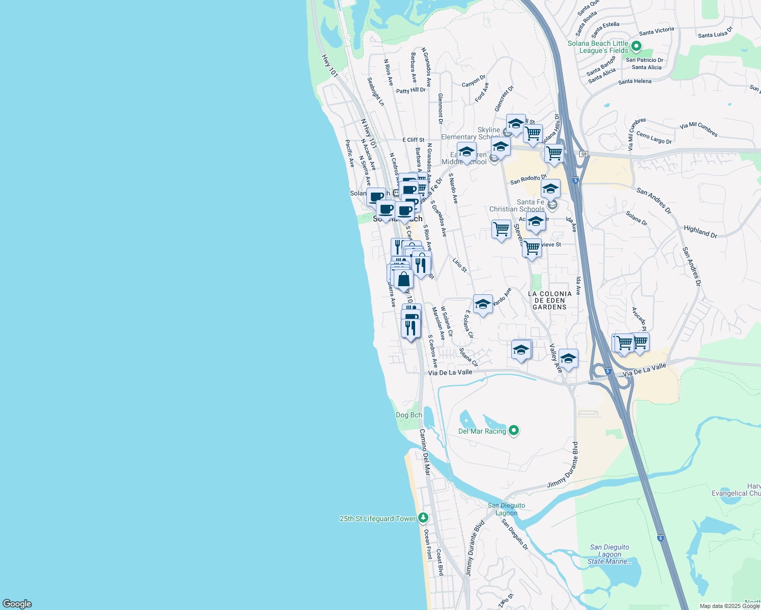 map of restaurants, bars, coffee shops, grocery stores, and more near 503 South Sierra Avenue in Solana Beach