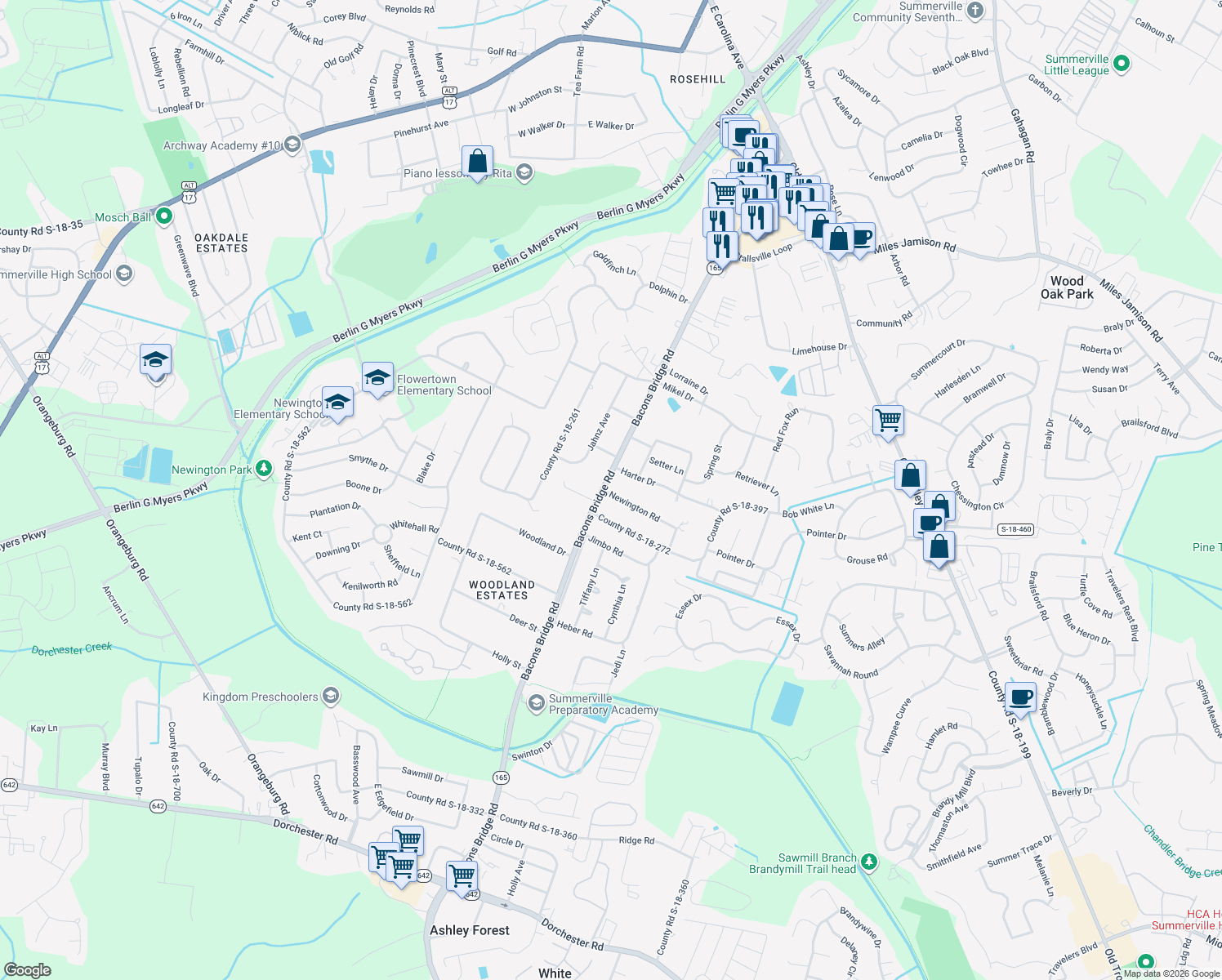 map of restaurants, bars, coffee shops, grocery stores, and more near 101 Newington Road in Summerville
