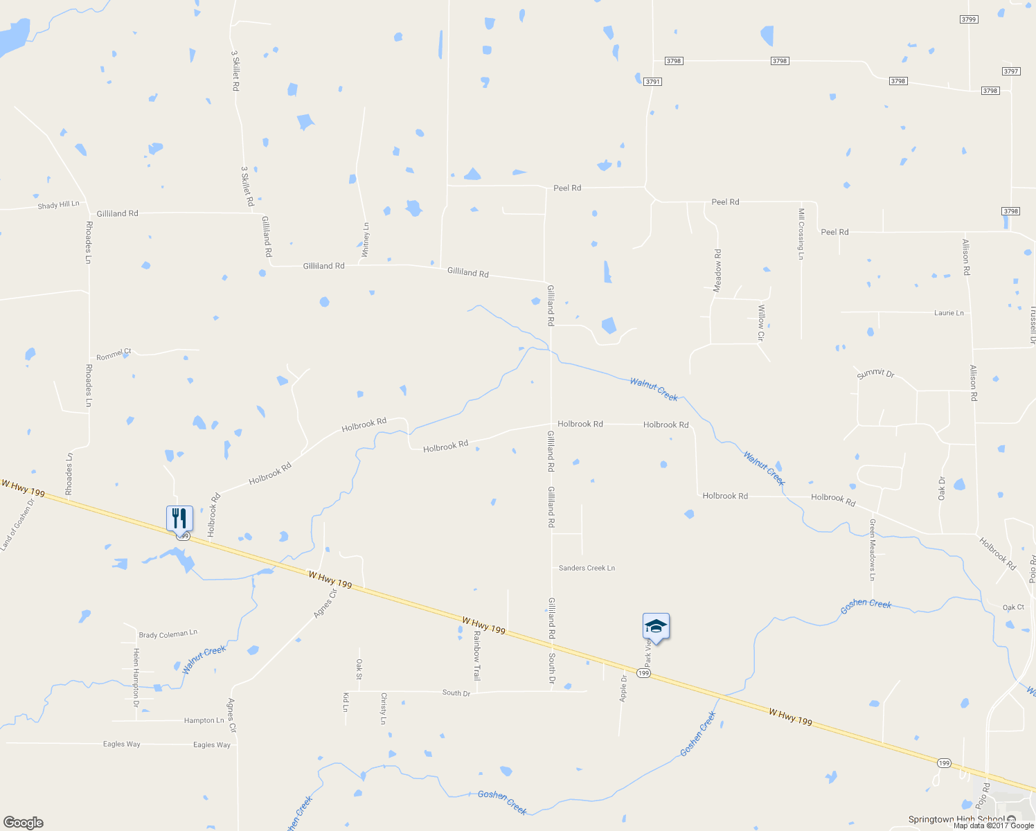 map of restaurants, bars, coffee shops, grocery stores, and more near 3480 Holbrook Road in Springtown