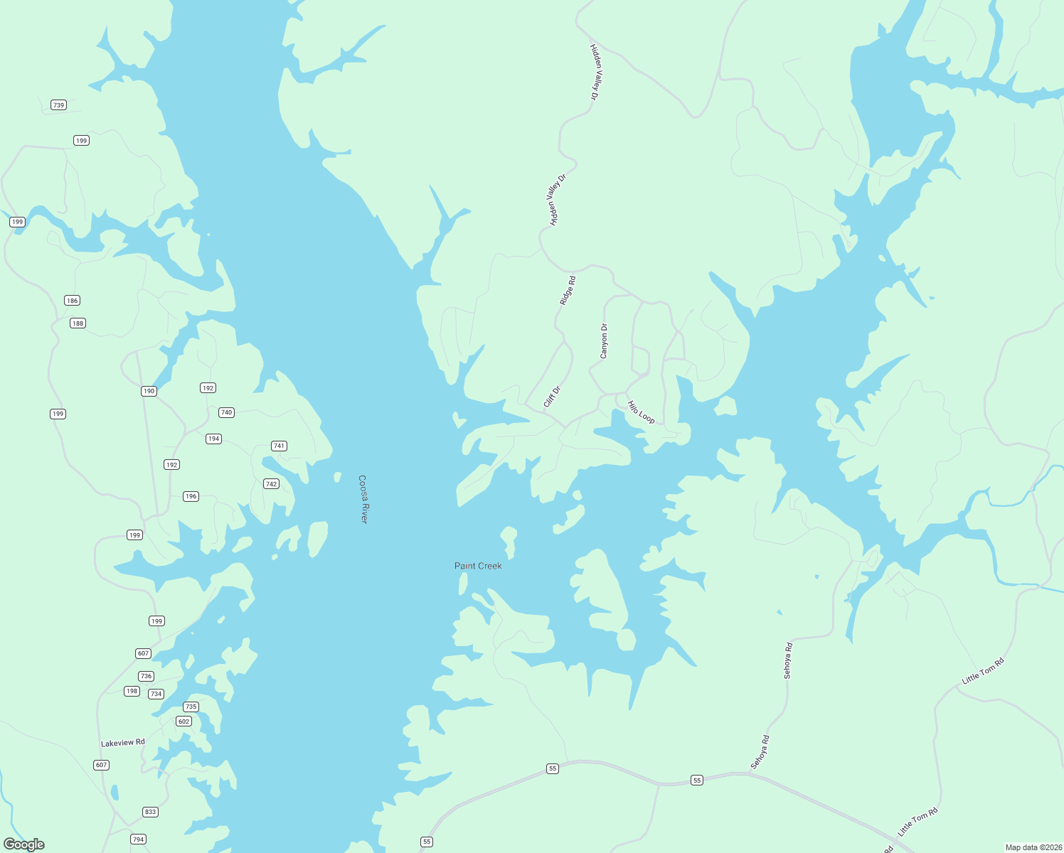 map of restaurants, bars, coffee shops, grocery stores, and more near River Ridge Drive in Sylacauga