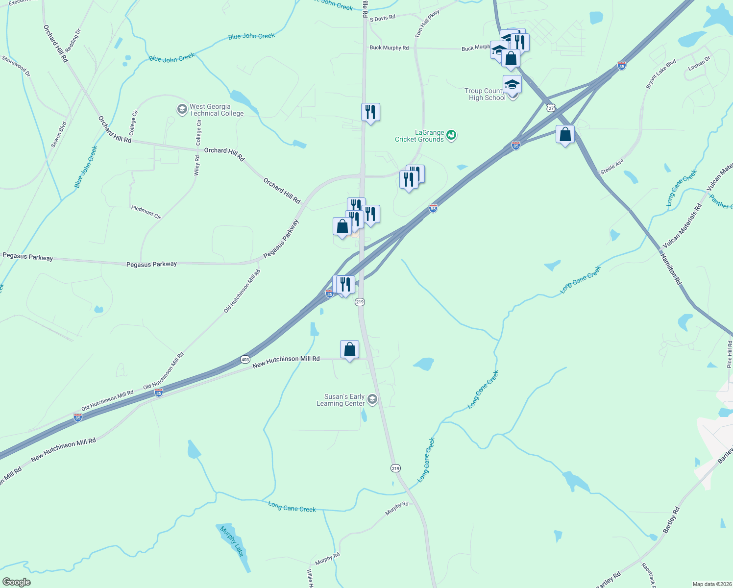 map of restaurants, bars, coffee shops, grocery stores, and more near 2555 Whitesville Road in LaGrange