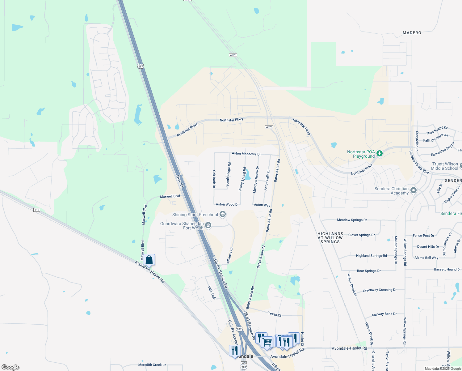 map of restaurants, bars, coffee shops, grocery stores, and more near 14108 Scenic Ridge Rd in Haslet