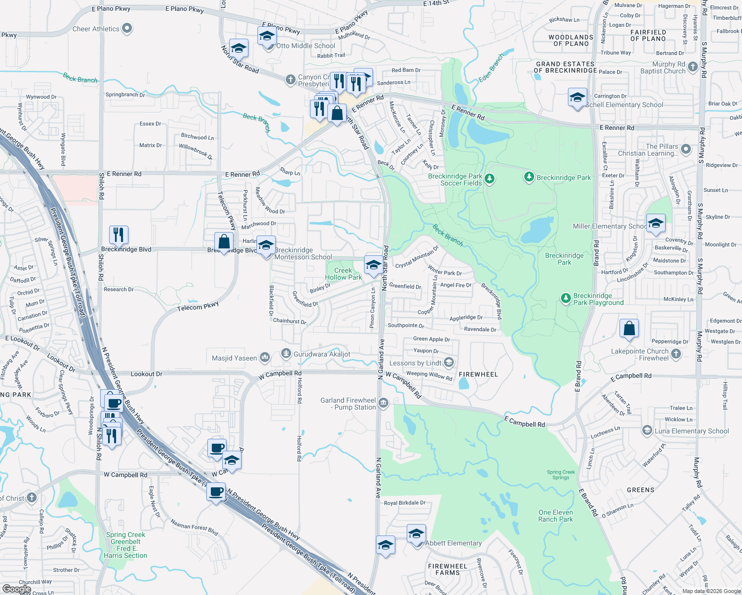 map of restaurants, bars, coffee shops, grocery stores, and more near 3047 Pinon Canyon Lane in Richardson