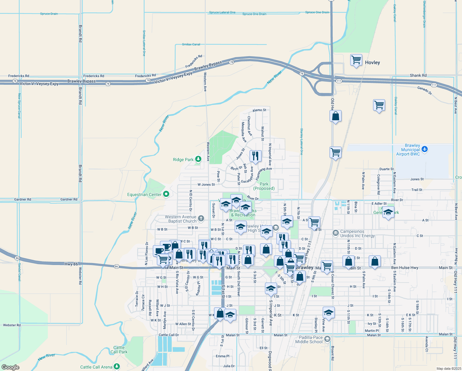 map of restaurants, bars, coffee shops, grocery stores, and more near 893 Flammang Ave in Brawley