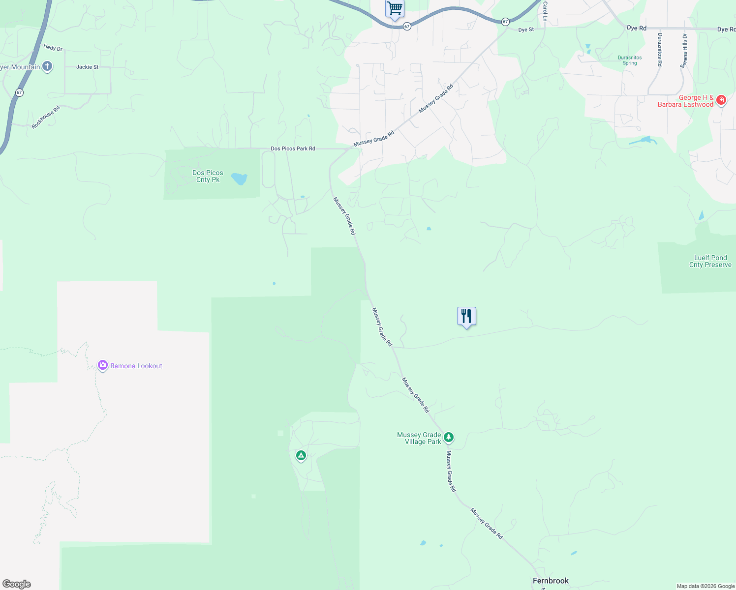 map of restaurants, bars, coffee shops, grocery stores, and more near 15141 Mussey Grade Road in Ramona
