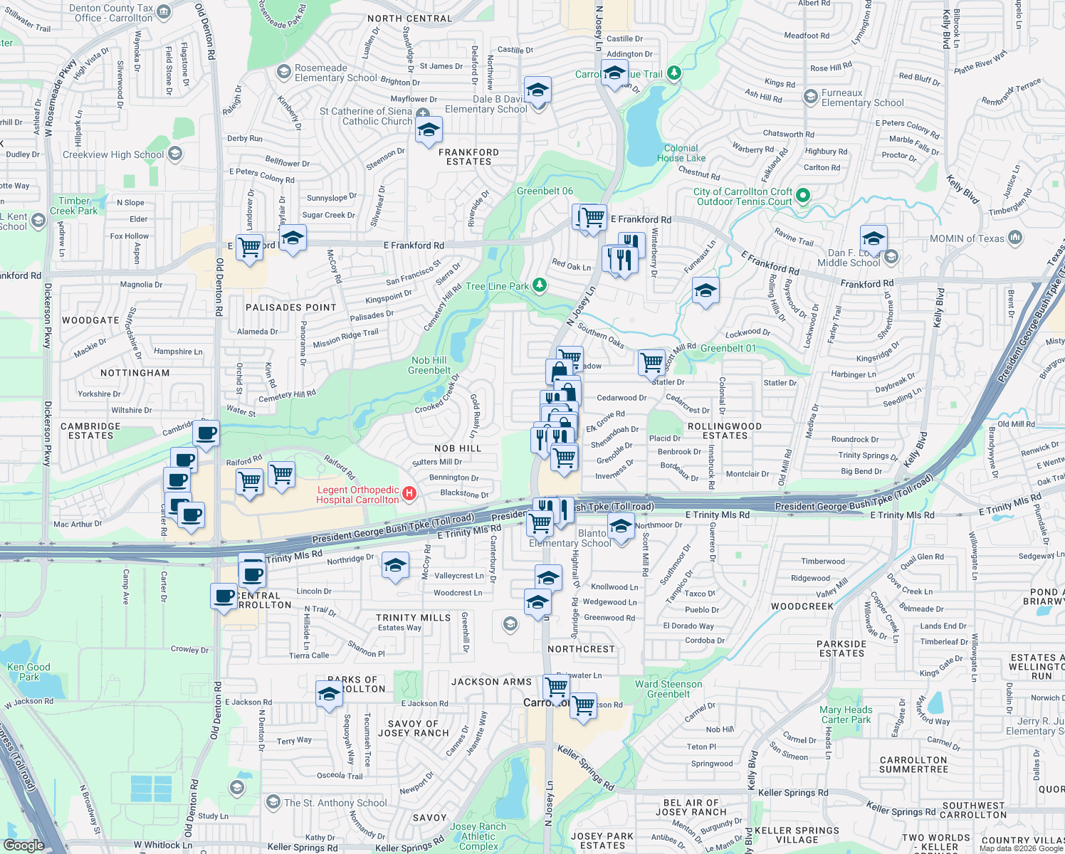 map of restaurants, bars, coffee shops, grocery stores, and more near 1807 Green Ridge Dr in Carrollton