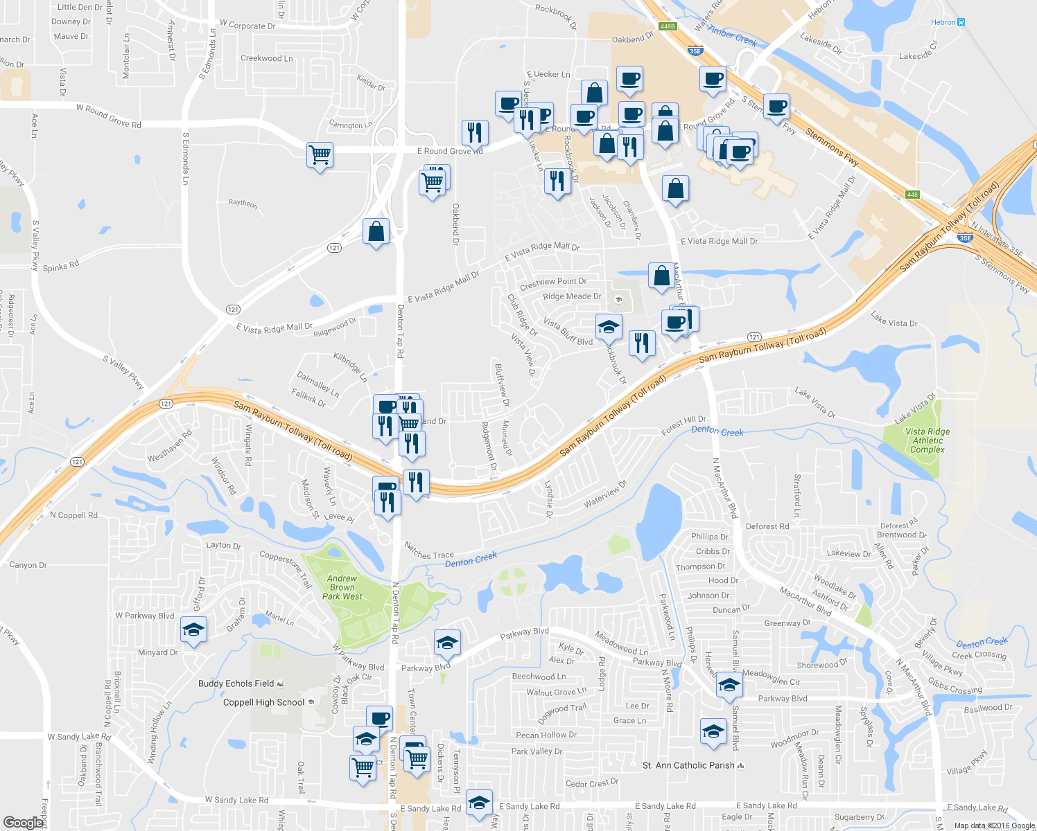 map of restaurants, bars, coffee shops, grocery stores, and more near 351 Highway 121 in Lewisville