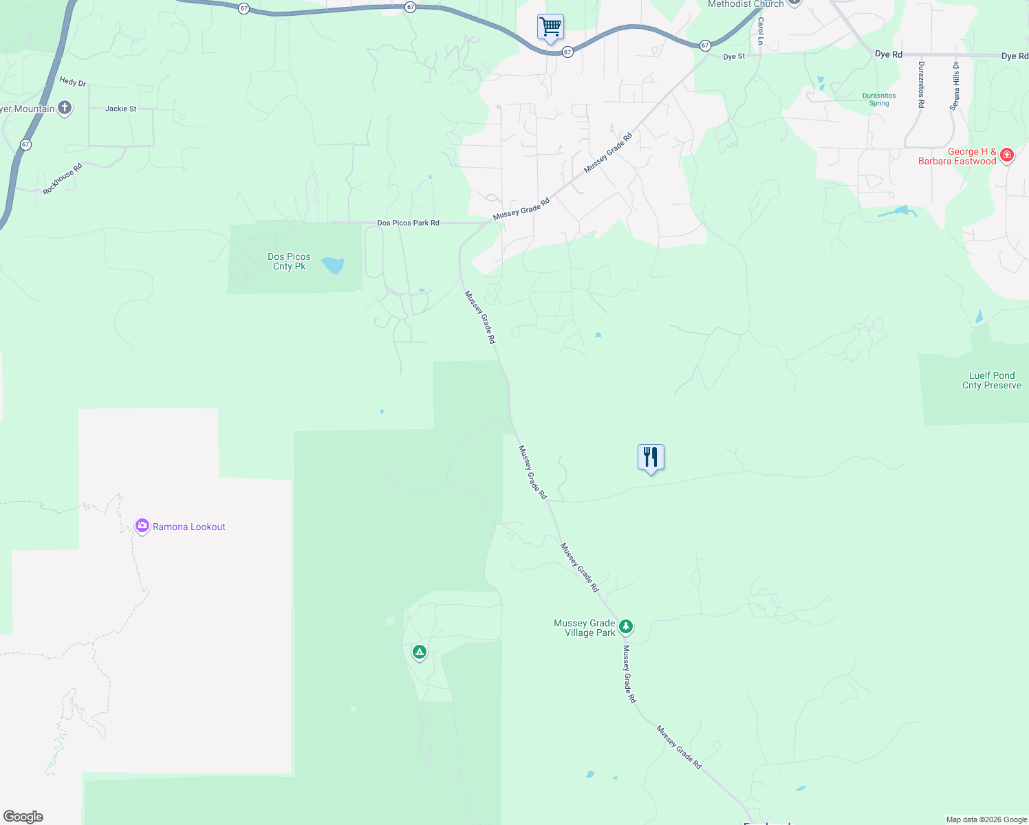 map of restaurants, bars, coffee shops, grocery stores, and more near 15141-15367 Mussey Grade Road in Ramona