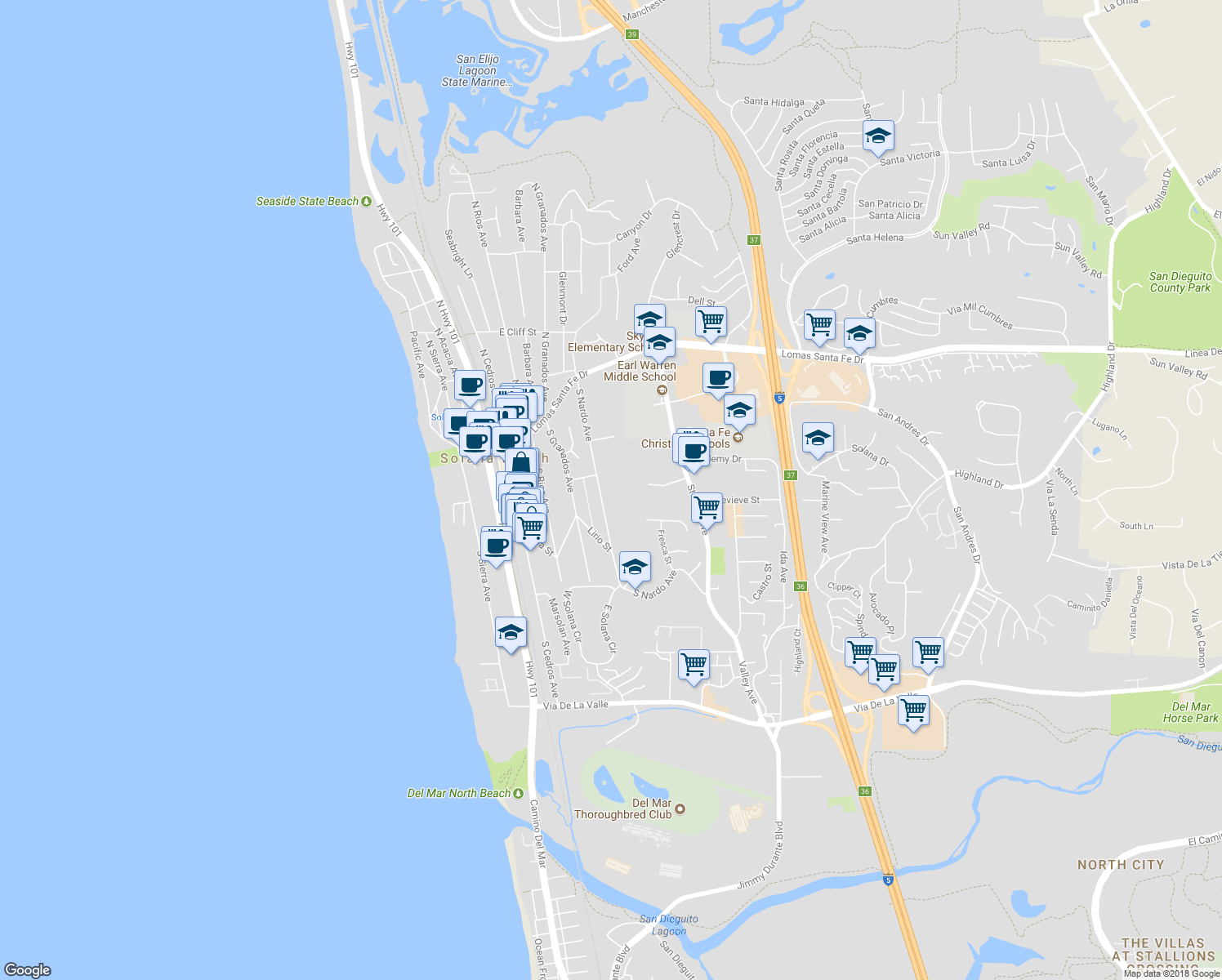 map of restaurants, bars, coffee shops, grocery stores, and more near 326 South Nardo Avenue in Solana Beach