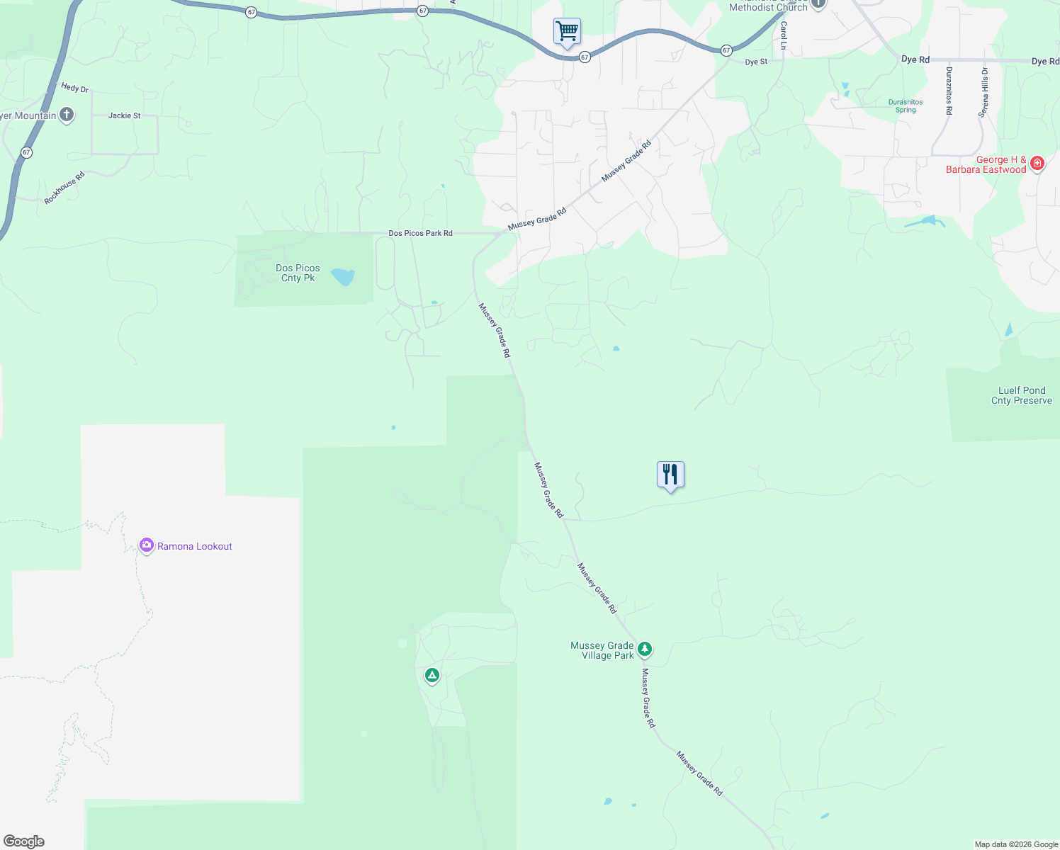 map of restaurants, bars, coffee shops, grocery stores, and more near 15141-15367 Mussey Grade Road in Ramona