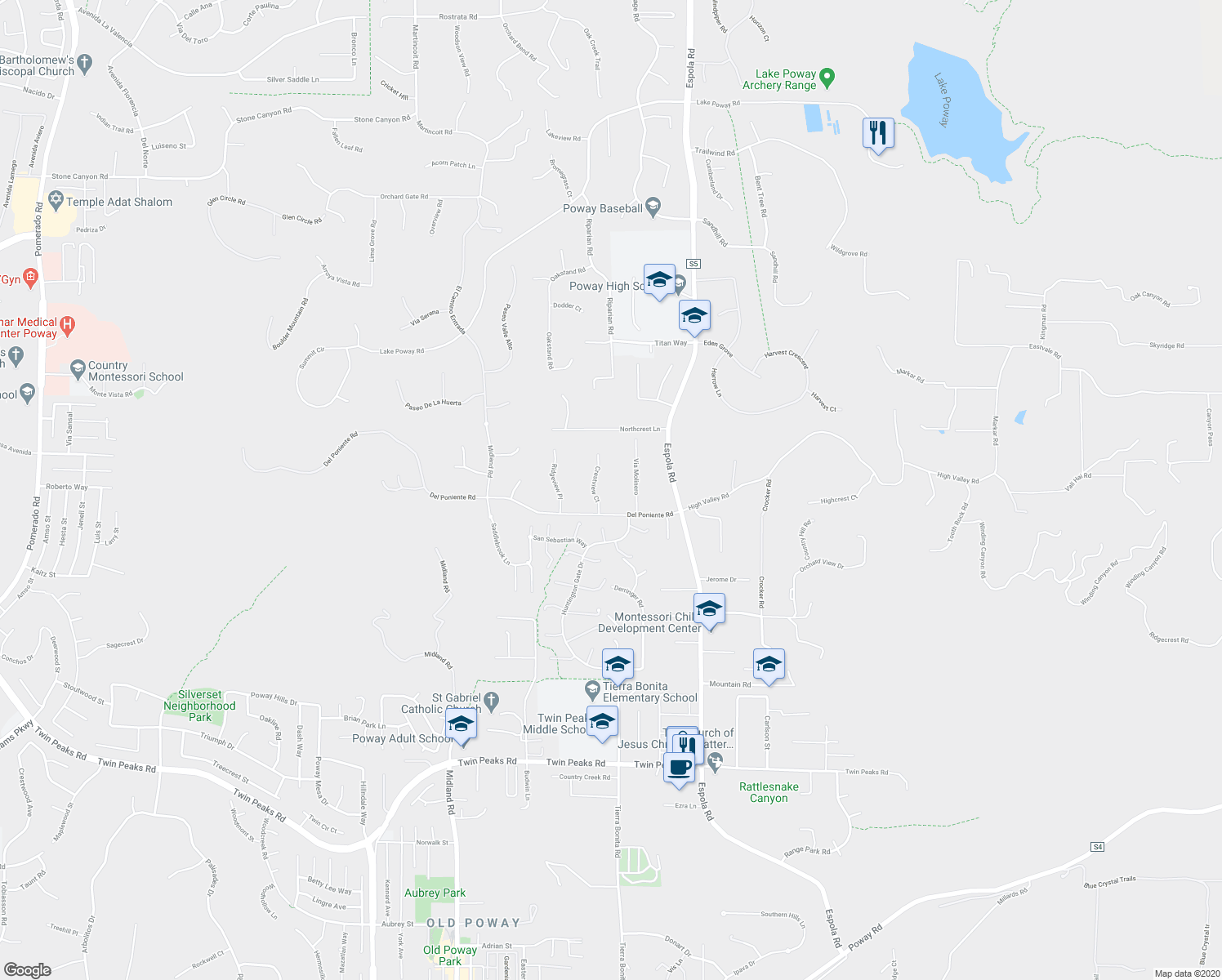 map of restaurants, bars, coffee shops, grocery stores, and more near 15235 Crestview Court in Poway