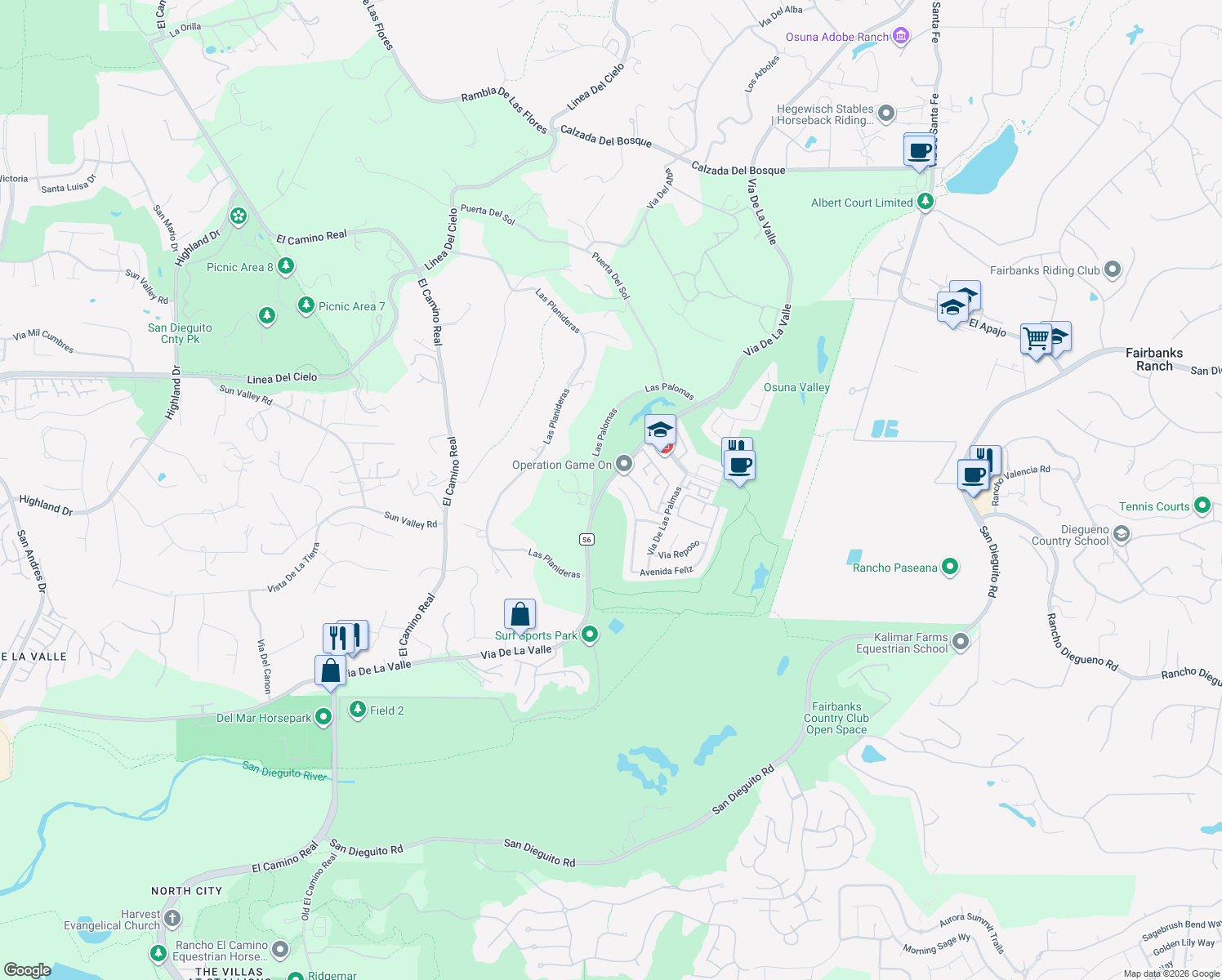 map of restaurants, bars, coffee shops, grocery stores, and more near 16068 Avenida Calma in Rancho Santa Fe