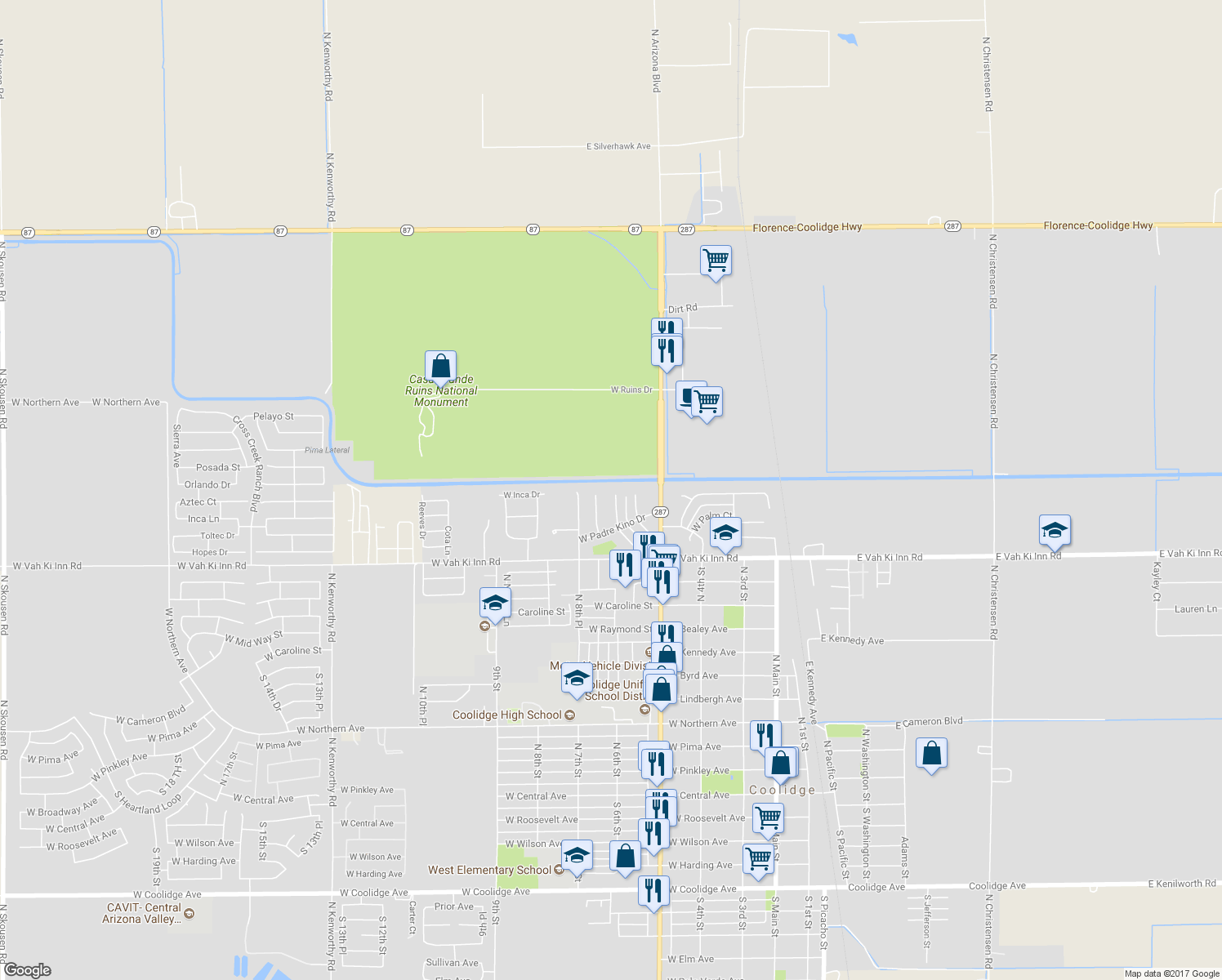 map of restaurants, bars, coffee shops, grocery stores, and more near 1290 North Mesquite Lane in Coolidge