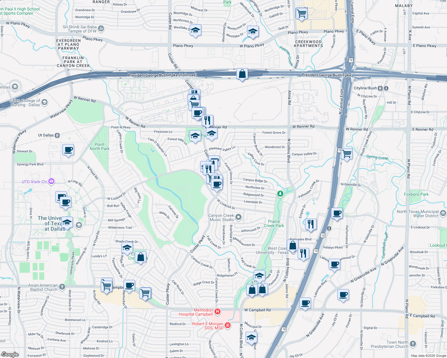 map of restaurants, bars, coffee shops, grocery stores, and more near 2674 Custer Parkway in Richardson