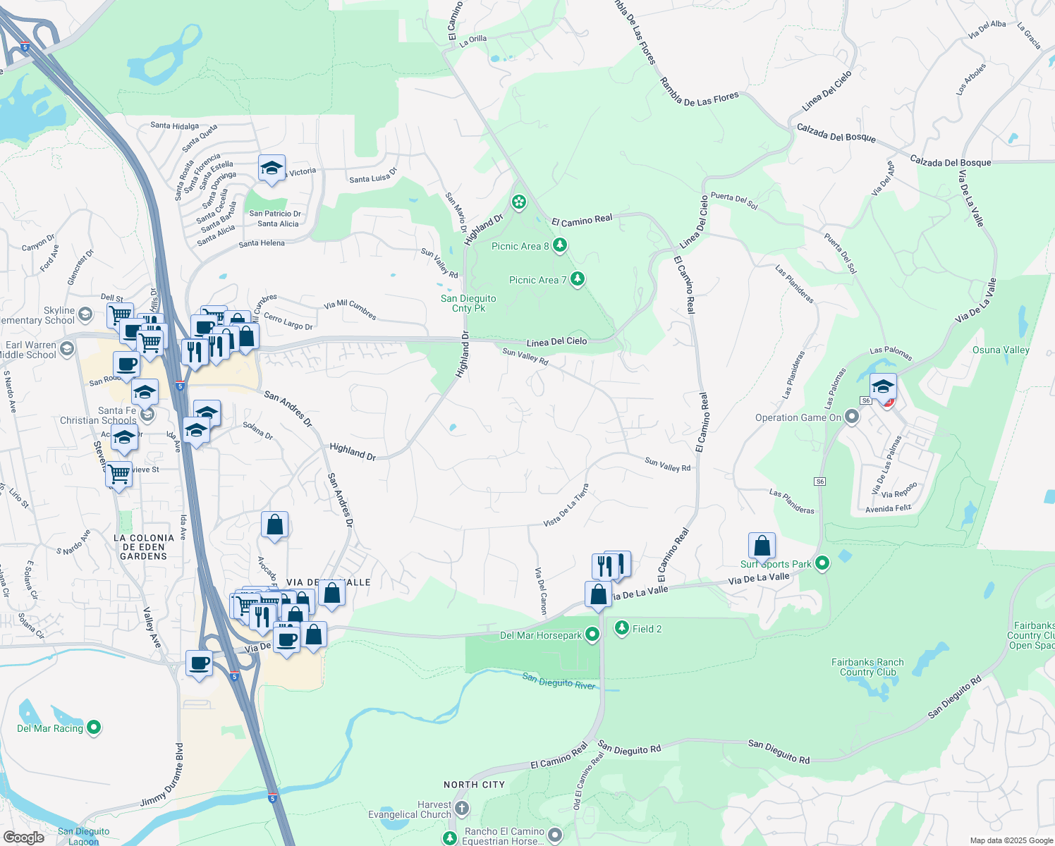 map of restaurants, bars, coffee shops, grocery stores, and more near 4652 North Lane in Del Mar