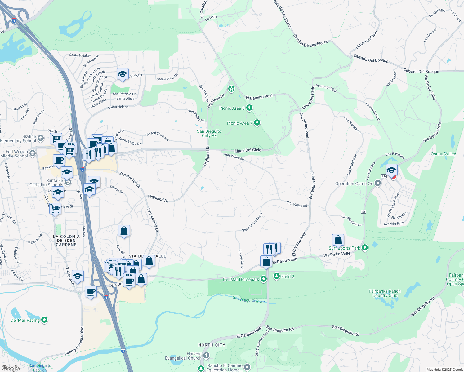 map of restaurants, bars, coffee shops, grocery stores, and more near 4652 North Lane in Del Mar