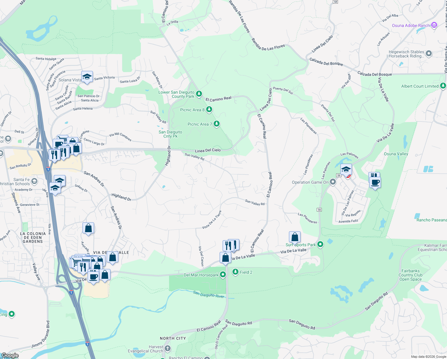 map of restaurants, bars, coffee shops, grocery stores, and more near 15135 Paso Del Sol in Del Mar