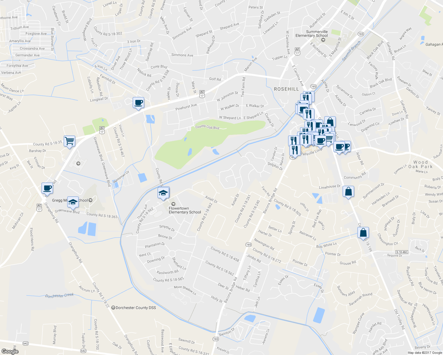 map of restaurants, bars, coffee shops, grocery stores, and more near 303 Amberjack Way in Summerville