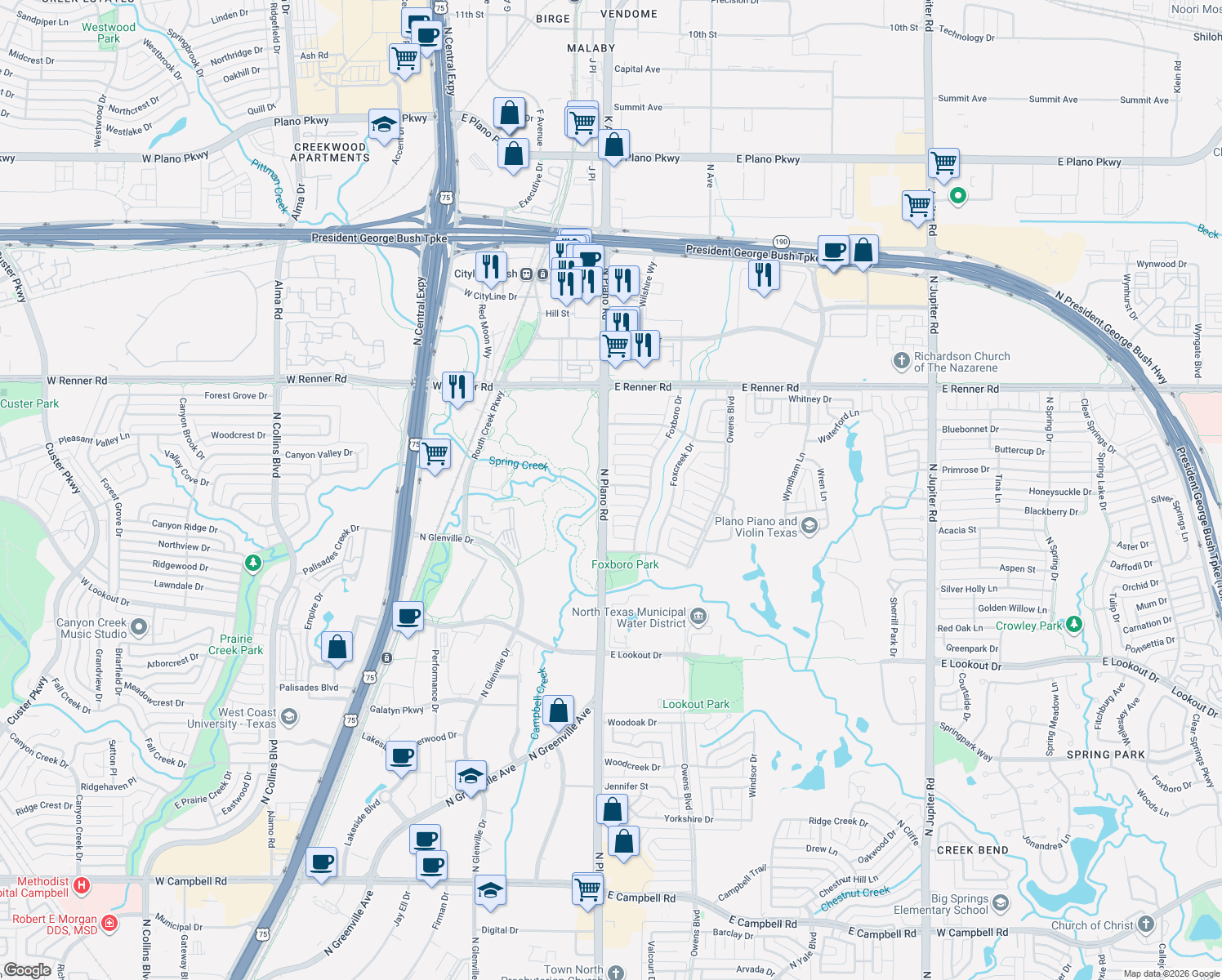 map of restaurants, bars, coffee shops, grocery stores, and more near 1400 Scottsboro Lane in Richardson